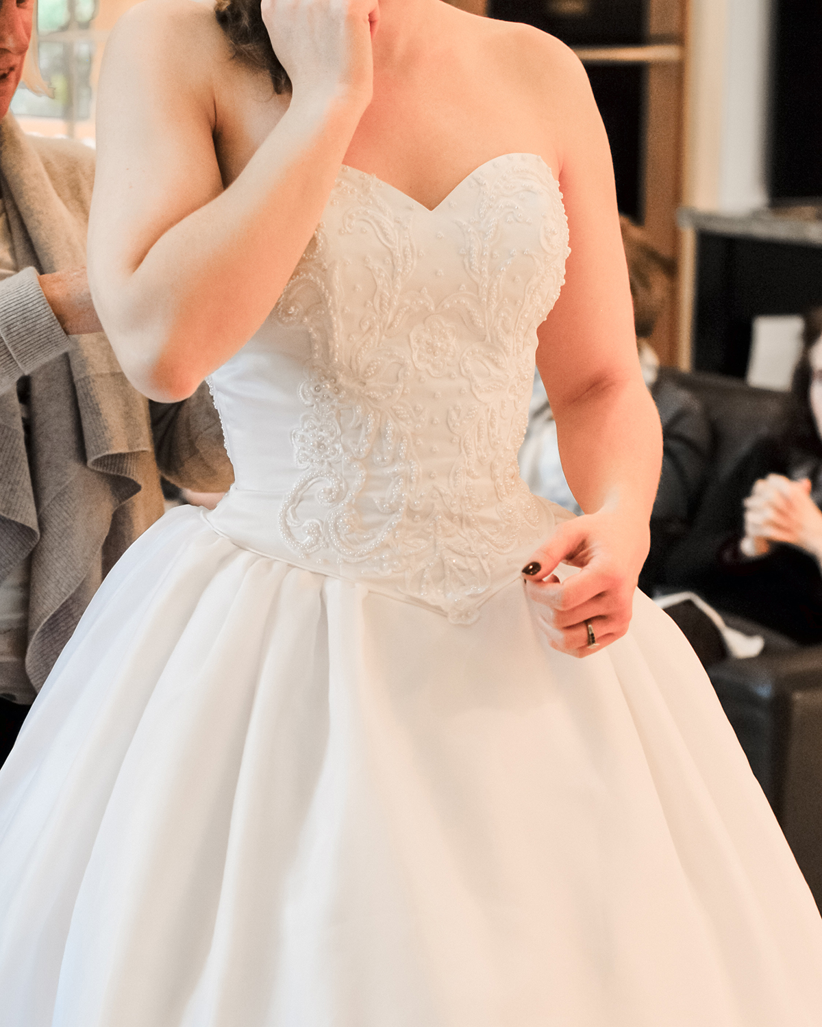 Detail of the bodice of a vintage ballgown wedding dress